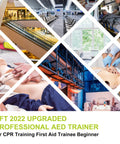 Amazon AED trainer kit XFT-120G for CPR training; collage shows CPR mannequin and hands performing chest compressions.