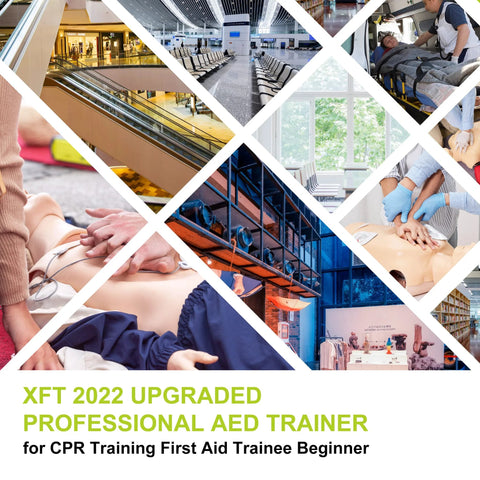 Amazon AED trainer kit XFT-120G for CPR training; collage shows CPR mannequin and hands performing chest compressions.