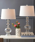 Clear Glass Table Lamp Set of 2 for Living Room and Bedroom Decor with white linen shades, on a modern console table.