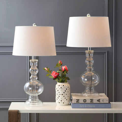 Clear Glass Table Lamp Set of 2 for Living Room and Bedroom Decor with white linen shades, on a modern console table.