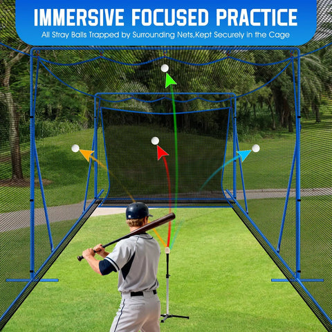 20x10x8 Ft baseball softball cage with hitting net shown in use, featuring dual sided 7 ply netting and heavy duty metal frame.