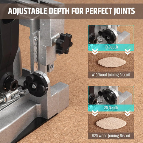 Adjustable depth setting on Smooth Operator 8.5 Amp Biscuit Joiner With Knockout 12000 RPM Power Head for precise wood joints.