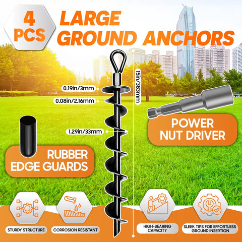 Image showing 4 Pack Heavy Duty Ground Anchors With Power Nut Driver Drill Bit, including measurements and product features.
