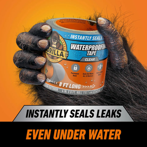 Clear Waterproof Patch And Seal Tape 4 Inch By 8 Foot held by a gorilla hand, highlighting its water-sealing capabilities.