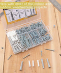 High Hardness Wood Screws Assortment Kit With 203 Pieces And 30 M6 Drywall Anchors in plastic case on wooden surface
