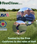 Background image of a green field with round photos of two golfers, logos, and text promoting "All In One Golf And Baseball Training Kit With Four Tee Holders And Elastic Lanyards For Indoor And Outdoor Practice Enhances Alignment Ball Position Swing Path Putting And Agility Four Pack Yellow Green Made In USA."