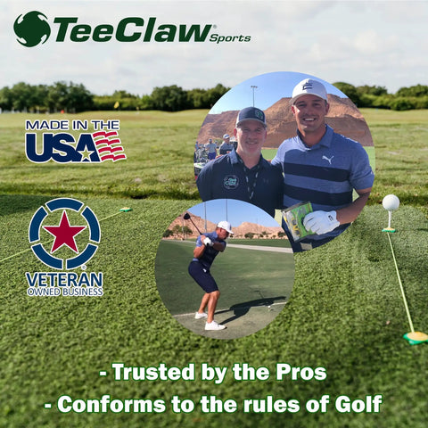 Background image of a green field with round photos of two golfers, logos, and text promoting "All In One Golf And Baseball Training Kit With Four Tee Holders And Elastic Lanyards For Indoor And Outdoor Practice Enhances Alignment Ball Position Swing Path Putting And Agility Four Pack Yellow Green Made In USA."