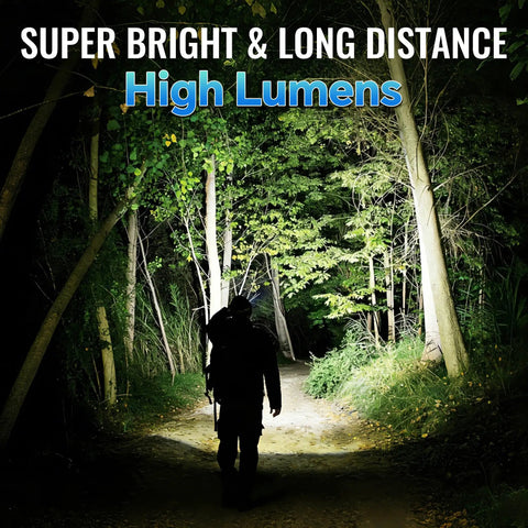Person walking in forest illuminated by High Lumens Rechargeable LED Flashlights 2 Pack With Zoomable Beam And LCD Display 5 Modes Long Range Tactical Lights