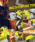 Rock Solid Heavy Duty 21V Cordless Brad Nailer With Two 2.0Ah Batteries And 1000 Fasteners shown in use for roofing, DIY, and decoration tasks.