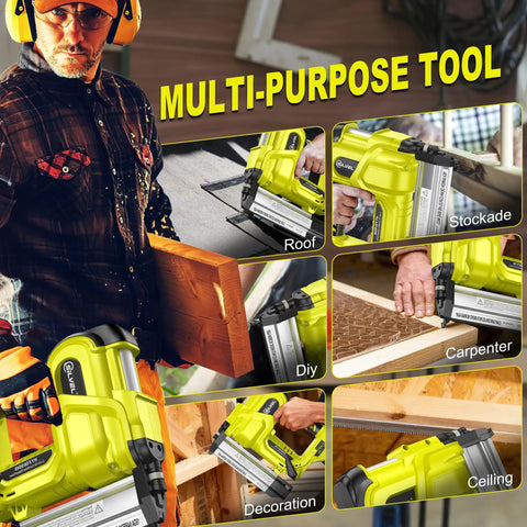 Rock Solid Heavy Duty 21V Cordless Brad Nailer With Two 2.0Ah Batteries And 1000 Fasteners shown in use for roofing, DIY, and decoration tasks.
