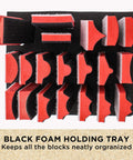 Pro Grade Contoured Hand Sanding Block Set With 40 Hook And Loop Sandpaper Sheets in foam holding tray