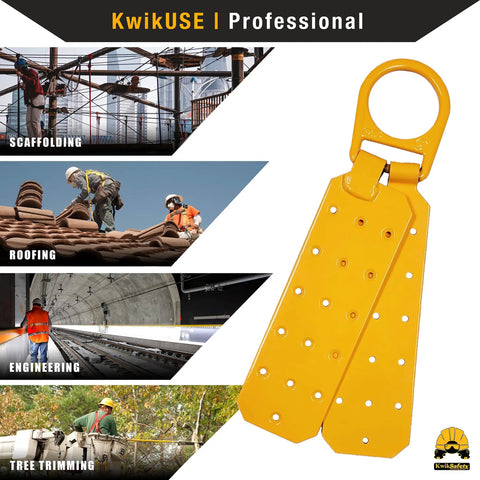 Professional safety applications using KwikUSE, featuring a yellow anchor for scaffold, roofing, engineering, and tree trimming.