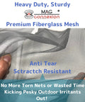 Hands holding heavy-duty premium fiberglass mesh of magnetic door screen for patio and front doors, 72x80 inch, anti-tear.