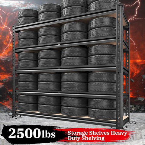 40 Inch Wide Heavy Duty Garage Shelving System With 2500 Pound Capacity Thickened Steel Posts Five Shelf Support Bars Durable Wood Boards Perfect Basement Organization For Tools Parts And Gear, filled with tires