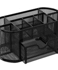 Mesh Pen Holder Desk Organizer With Drawer Nine Compartment Stationery Organizer For Dorm School Or Office Black Durable Iron Construction Sturdy Desk Accessories For Study And Work. Black iron mesh with open drawer view