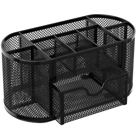 Mesh Pen Holder Desk Organizer With Drawer Nine Compartment Stationery Organizer For Dorm School Or Office Black Durable Iron Construction Sturdy Desk Accessories For Study And Work. Black iron mesh with open drawer view