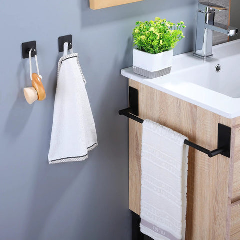 Stick On 16 Inch Towel Bar With Two Adhesive Hooks Black Stainless Steel Bathroom Rack No Drill Easy Install Wall Mounted