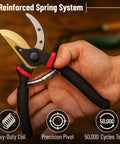 8 Inch Pruning Shears for garden use with titanium blade, ergonomic non slip handles, shown with reinforced spring system.