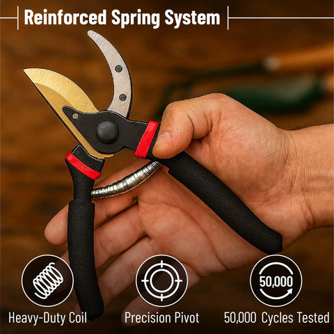8 Inch Pruning Shears for garden use with titanium blade, ergonomic non slip handles, shown with reinforced spring system.