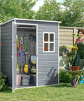 5x3 Ft Outdoor Storage Shed With Lockable Door, Rugged Weatherproof Resin Garden Shed With Floor And Ventilation shown with tools and potted plants