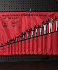 Raised Panel 16-Piece Combination Wrench Set SAE Standard 1/4 In To 1-1/4 In displayed in red organizer on black pegboard