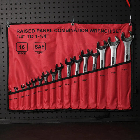 Raised Panel 16-Piece Combination Wrench Set SAE Standard 1/4 In To 1-1/4 In displayed in red organizer on black pegboard