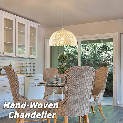 White Woven Pendant Light Boho Chic Chandelier Dome Fixture in dining room with rattan chairs