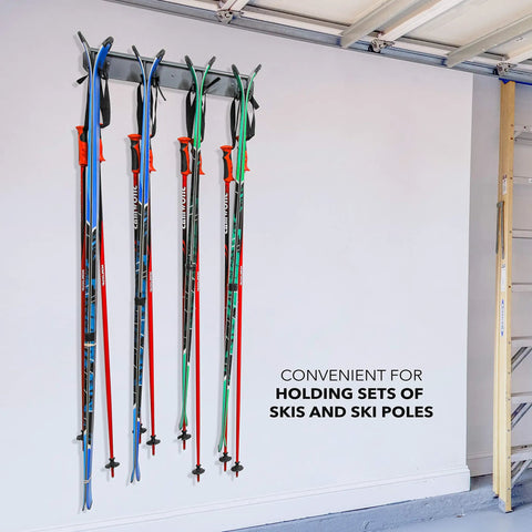 Wall Mounted Ski Storage Rack Holds Four Pairs Of Skis And Poles Or A Snowboard Tough As Nails With Rubber Coated Hooks