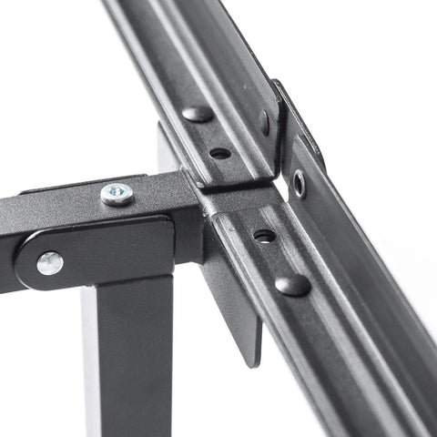Close-up of the sturdy steel support joint of the Heavy Duty Low Profile Metal Bed Frame With Straight Up Sturdy Steel Support And Generous Under Bed Storage Space.