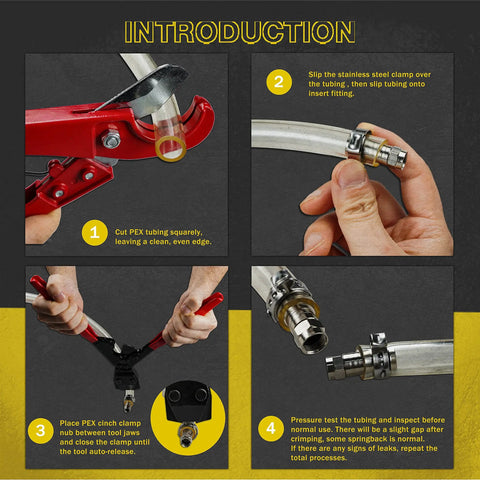 Step-by-step guide using Ratchet PEX Crimping Clamp Cinch Tool And Pipe Hose Cutter Set With Storage Bag Meets ASTM F2098 Stainless Steel Pipe Clamps Pipe Fitting Tool Kit For Three Eighths To One Inch Includes Twenty Half Inch Clamps And Ten Three Quarter Inch Clamps