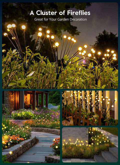 4 Pack Solar Garden Lights With 48 LED Firefly Lights, 2 Lighting Modes, decorating outdoor yard with warm white glow