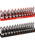Two-Piece 3/8-Inch Drive Socket Keeper Organizer Tray Set For Metric And SAE Sockets Holds 56 Standard And Deep Sockets in black and red.