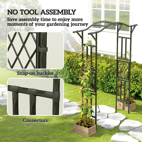Garden Arch Trellis With Extended Top 7.5Ft Black PE Coated Steel Arbor For Climbing Plants And Vines in a garden setting