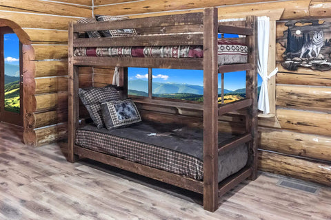 Twin Over Twin Bunk Bed From The Homestead Collection In Stain, Handcrafted In America From Lodge Pole Pine in log cabin setting