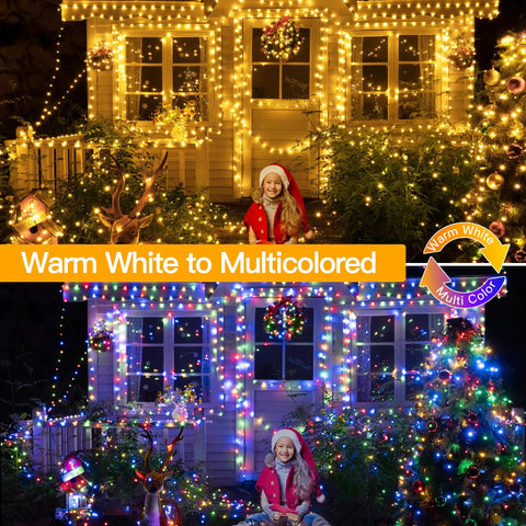 Ultra Long 262 Foot 800 LED IP67 Waterproof Outdoor Christmas Lights illuminating house in warm white and multicolor