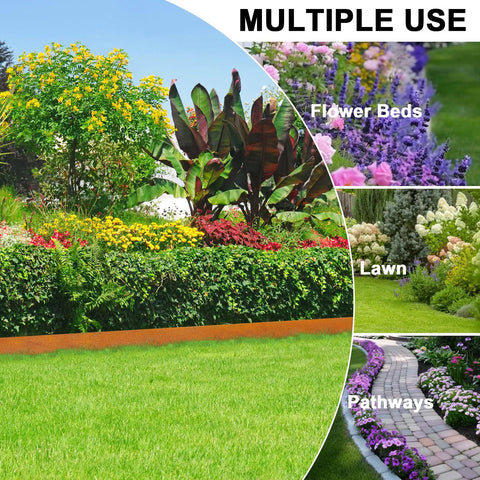 Beefy Pre Rusted Cor Ten Steel Landscape Edging for Four and a Half Inch Border with Hammer In Clamps and Eleven Clips Pack Of Ten Sections Total Thirty Three Feet For Lawn Garden Yard in flower bed, lawn, and pathway use.