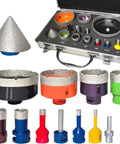 Heavy Duty Diamond Hole Saw Kit Cuts Smooth As Silk For Tile Ceramic Porcelain Stone 13 Piece Core Drill Bit Set with various sizes.