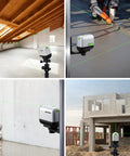 Green Laser Level With Self Leveling And Manual Mode in construction and DIY settings, horizontal and vertical cross lines visible.