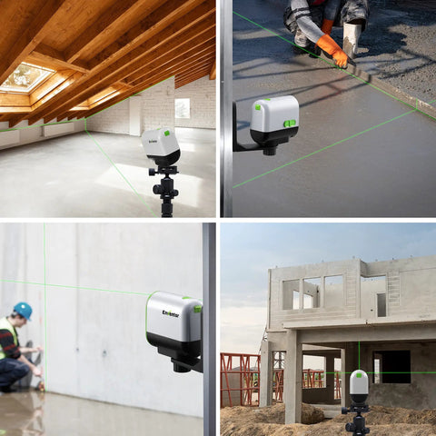 Green Laser Level With Self Leveling And Manual Mode in construction and DIY settings, horizontal and vertical cross lines visible.