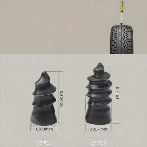 Tire with inserted tool, two rubber nails of 61 Piece Tire Repair Kit With Rubber Nails And Spiral Screws For Cars Trucks Motorcycles And Tractors