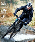 Rider on All Terrain Electric Mountain Bike For Adults With 26 Inch Wheels 350W Motor on rugged trail, with helmet and gear