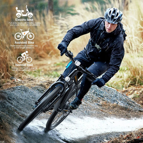 Rider on All Terrain Electric Mountain Bike For Adults With 26 Inch Wheels 350W Motor on rugged trail, with helmet and gear