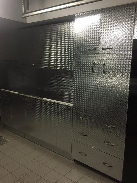 Kitchen cabinets covered with Diamond Plate Vinyl Wrap Roll With Anti Slip Traction Pattern Metallic Chrome Finish Self Adhesive Silver Sheet