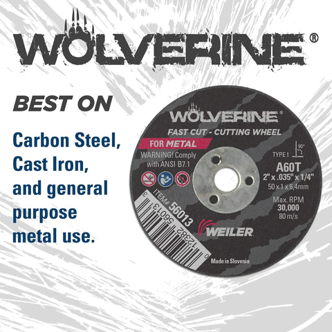 Five Inch Fast Cutting Wheel For Steel And Metal With Wolverine AO One Sixteenth Inch Thick Type One Seven Eighths Inch Arbor Beefy
