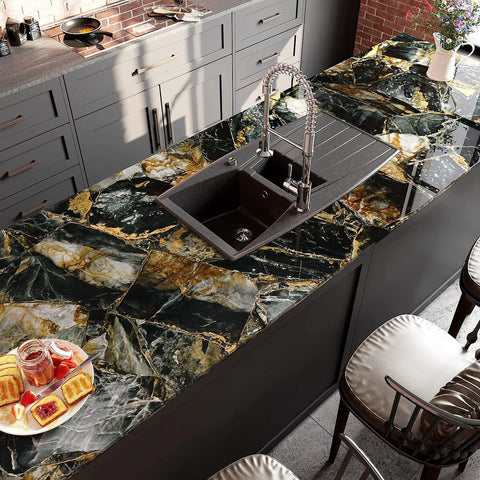 Slate Gold Marble Countertop Contact Paper Peel And Stick Self Adhesive Vinyl Waterproof DIY Friendly Glossy Finish For Kitchen And Bathroom Countertops 15.7 Inch Wide By 118 Inch Long Roll on kitchen island with sink and breakfast setup.