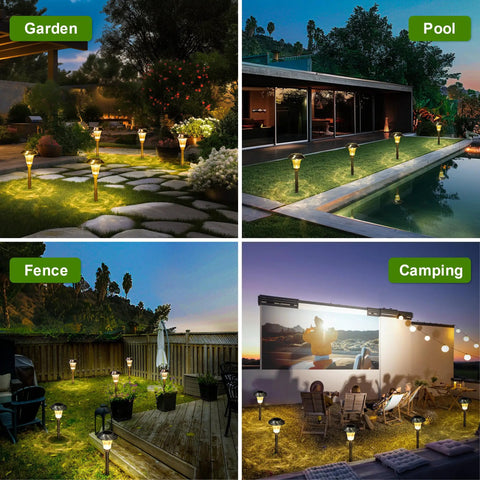 Solar Pathway Lights Outdoor Waterproof With Glass Stainless Steel Build along garden, pool, fence, and camping at night.
