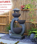 Outdoor Zen Water Fountain With LED Lights And Pump Tiered Pagoda Waterfalls Bowl For Patio Garden Yard And Poolside Gray 35.5 Inches Tall