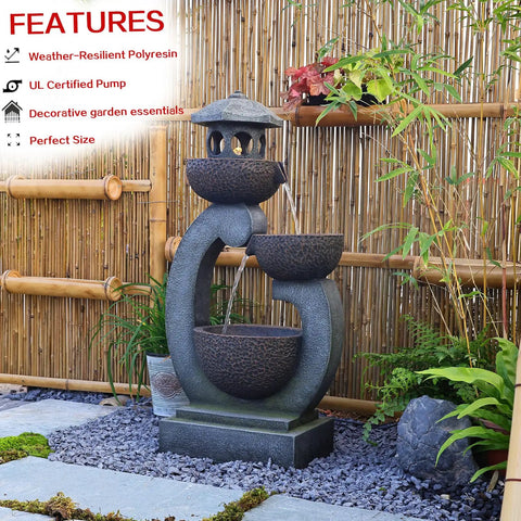 Outdoor Zen Water Fountain With LED Lights And Pump Tiered Pagoda Waterfalls Bowl For Patio Garden Yard And Poolside Gray 35.5 Inches Tall