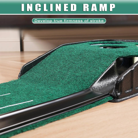 Inclined ramp feature of Indoor Golf Putting Green Mat For Home Practice with Hazard Bunker and Water Challenge shown up close.