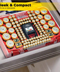 Smart Battery Organizer Case With Tester Double Sided Battery Daddy Style Storage That Holds Up To 150 Batteries Clear Locking Lid As Seen On TV Easy View Design For Fast Access And Safe Storage in a drawer